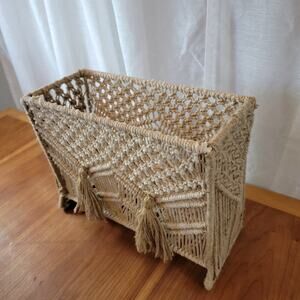 Vtg-Style Macrame Rattan Magazine Rack Bin with Tassels – Boho Storage – 25x7x12